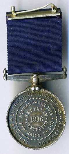 Hartlepool Borough Police Special Constable medal
Hartlepool Borough Police issued this medal to their special constables after the bombardment of Hartlepool by the German Fleet in 1914, and the air raids of 1915-18, also the destruction of a Zeppelin off the nearby coast.  This is the rear of the medal. 
Keywords: Hartlepool Borough Special Constable medal