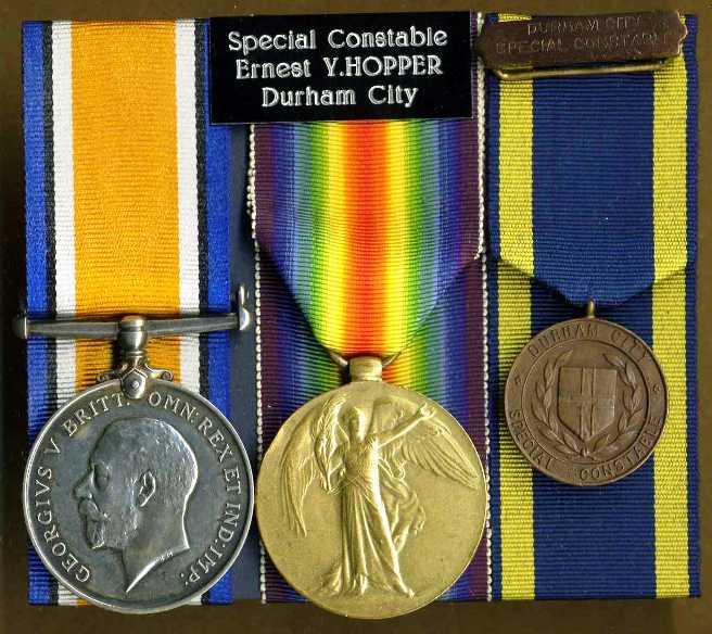 Durham City Borough Police Special Constable medal
The front of the Durham City medal can be seen in this photograph, Hopper joined the specials but was later conscripted into war service and received the BWM and Victory medal.  There appears to be no specific length of time of service with the specials to be awarded the medal. 
Keywords: Durham City Special Constable medal