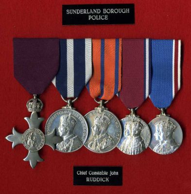 Medal group to Chief Constable John Ruddick, Sunderland Borough Police
Medal group to Chief Constable John Ruddick, Sunderland Borough Police 1925-1937.  MBE, Kings Police Medal (1936), 1911 George V Coronation Medal (County & Borough) Supt Ruddick, Coronation Medal's 1935 & 1937.

Keywords: Sunderland