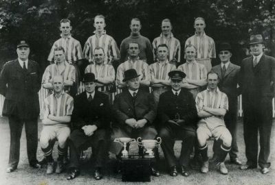 Sunderland Borough Police FC
Left to right back row. H. Forster, J. Plenderlieth, D. Dunn, W. Watson, Christopher Marshall (later became Det C/Insp).  Second row. Inspector Wilkinson (Vice Chairman) H. Low, L. Morris, A. Fielder, J. Moran, L. Common, A. Barras (Treasurer) M. Taylor (Secretary).  Front row. R. Plenderlieth (Captain) Det C/Insp E. Smith (Chairman) Chief Constable John Ruddick MBE (President) Supt George Cook (Vice President) A. Elliott.
Members of the northern Police League which they have won on ten occasions, they have won the Police Orphanage Cup seven times, and only team to win the Durham County Midweek Cup.
Keywords: Sunderland