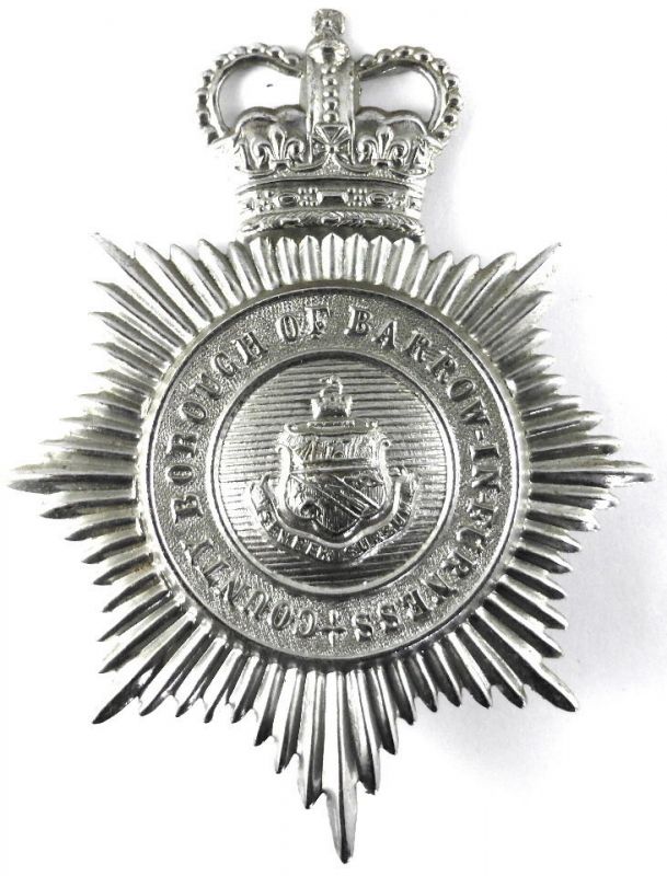 Barrow-in-Furness Day Helmet Plate Chrome plated QC 
Day time Helmet plate worn post 1953 until force merged with Lancashire Constabulary on 1st April 1969
Keywords: Helmet Plate Chrome Queens Crown Barrow Furness