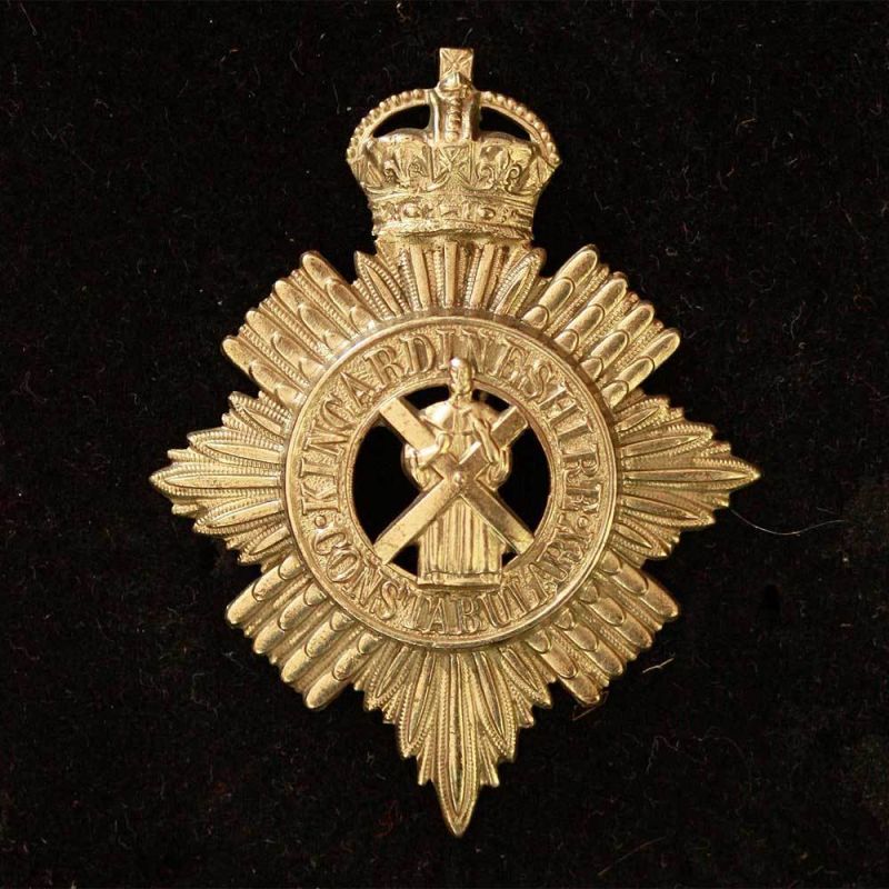 Cap Badge KC 
Cap badge worn until merger between  Aberdeenshire Constabulary, Banffshire Constabulary, Kincardineshire Constabulary and Moray & Nairn Constabulary on 16 May 1949 to form The Scottish North Eastern Counties Constabulary.
Keywords: Kincardineshire Cap Badge KC