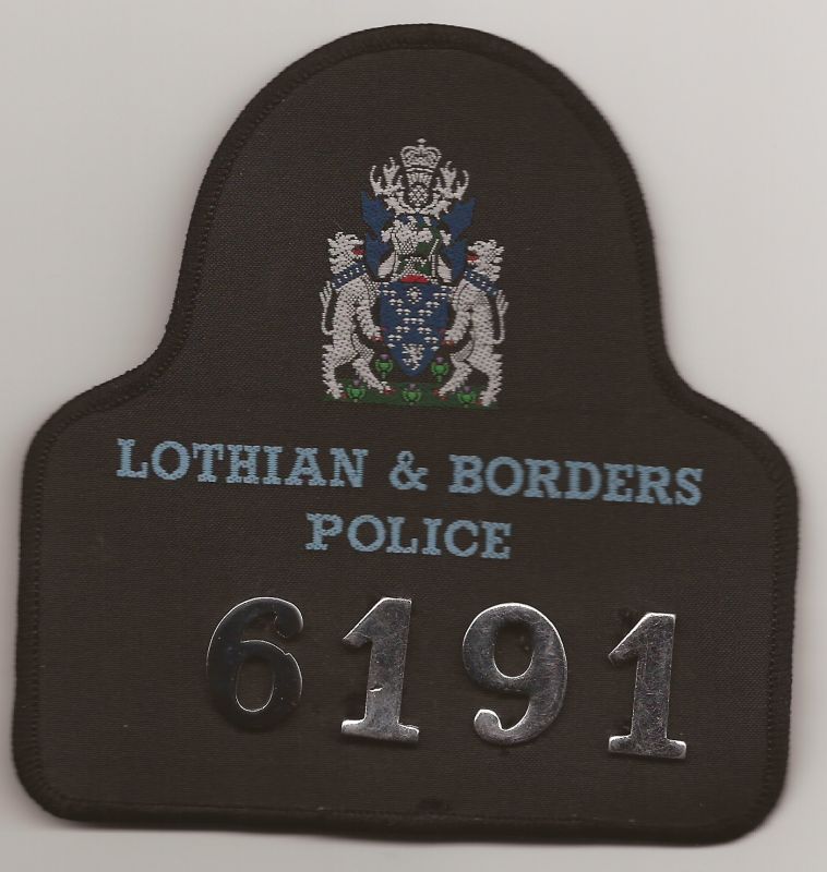 Personal Patch Lothian & Borders Patch 
Woven with space for officers collar numbers. These are affixed with pins and brass grommets.
Keywords: Lothian Borders Patch