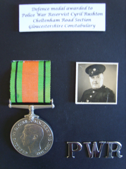 Defence medal awarded to Glos PWR Constable
Police War Reserve Constable Cyril Rushton, Cheltenham Road Section, Gloucestershire
Keywords: Gloucestershire Constabulary
