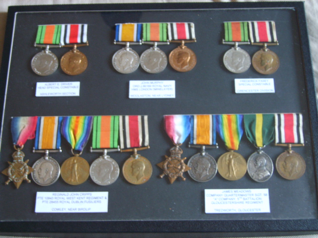 Various Gloucestershire medal groups x5
All awarded to members of the Gloucestershire Special Constabulary, including WWI service in Royal Navy, Gloucestershire Regiment, and Royal West Kent Regiment.
Keywords:  Gloucestershire medal
