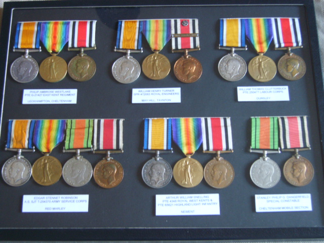 Gloucestershire medal groups x6
Awarded to men who served in Gloucestershire Special Constabulary during WWII, including WWI service in such regiments as Army Service Corps, Labour Corps, East Kents, Royal Engineers and Highland Light Infantry.
Keywords: gloucestershire medal