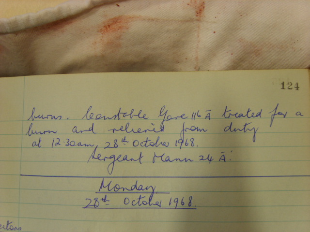 Bristol Constabulary A Division occurance book (part 1)
Page 124: detailing house fire incident involving Pc Gore on 27/10/1968
Keywords: Bristol Constabulary