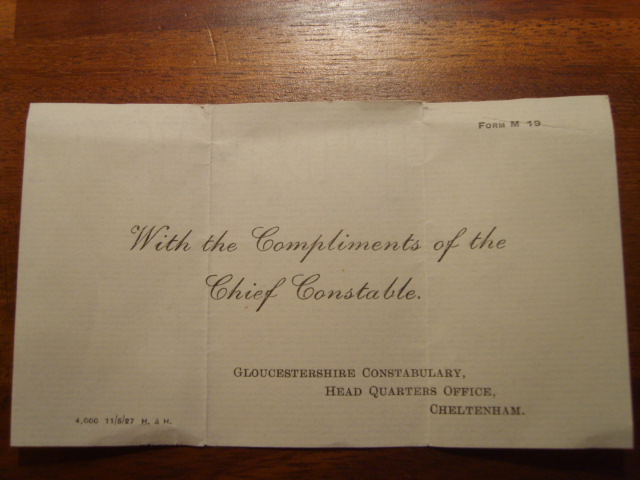 1929 Chief Constable's Medal compliments slip
Found inside a GV medal box issued to a Gloucestershire Special Constable
Keywords: Gloucestershire