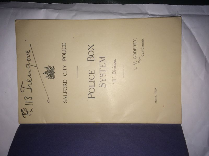 Salford City Police - Police Box System 'B' Division
Front cover of Constables Police Box System book. Belonged to my granddad PC113 who joined the force just before outbreak of WW2. Instructions for use of the police Box system for b Division in Salford, location of boxes and beat details
Keywords: Salford City Police